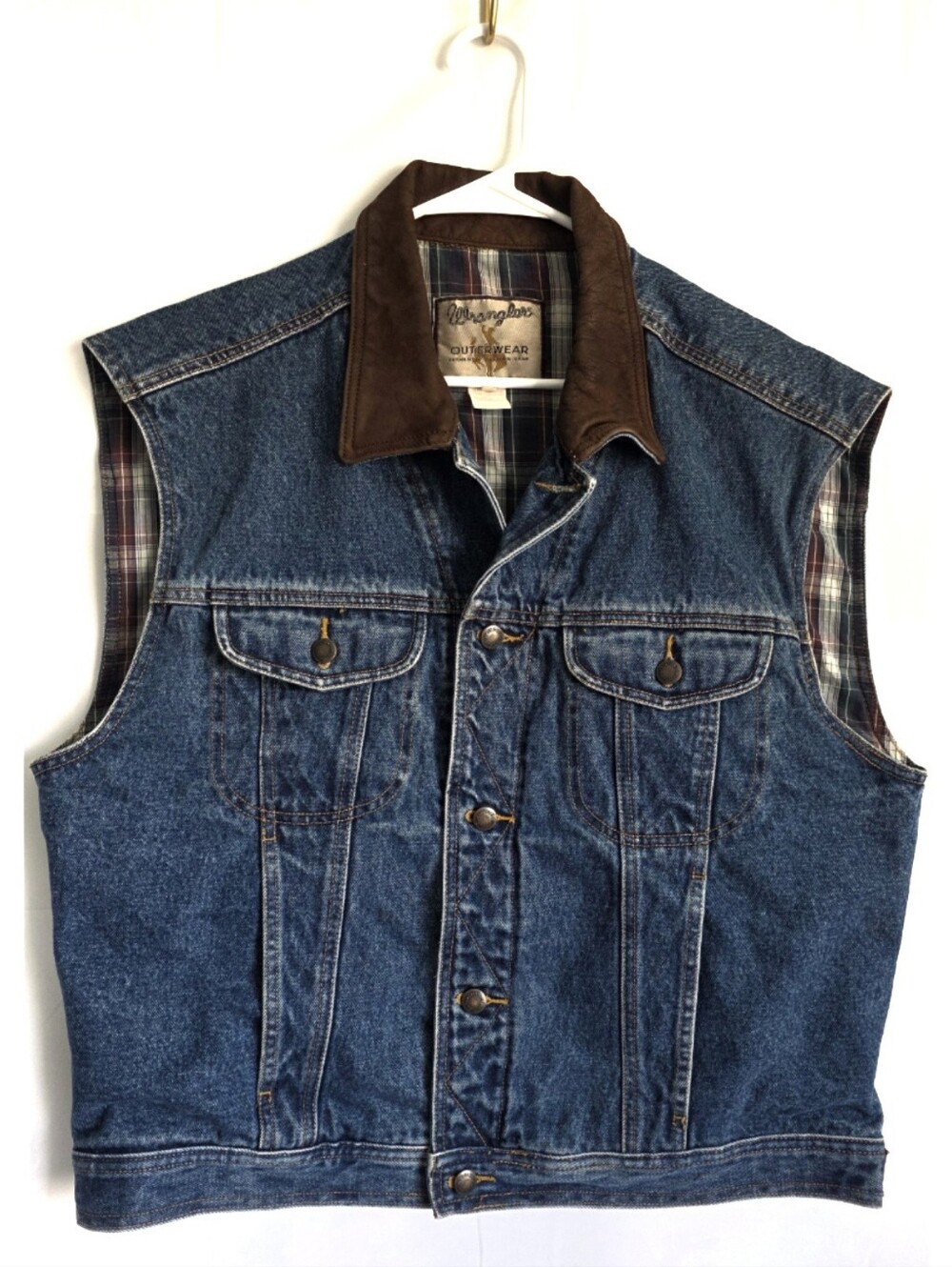 Vintage Men's WRANGLER Denim Leather Collar Plaid Lining Western Vest XL